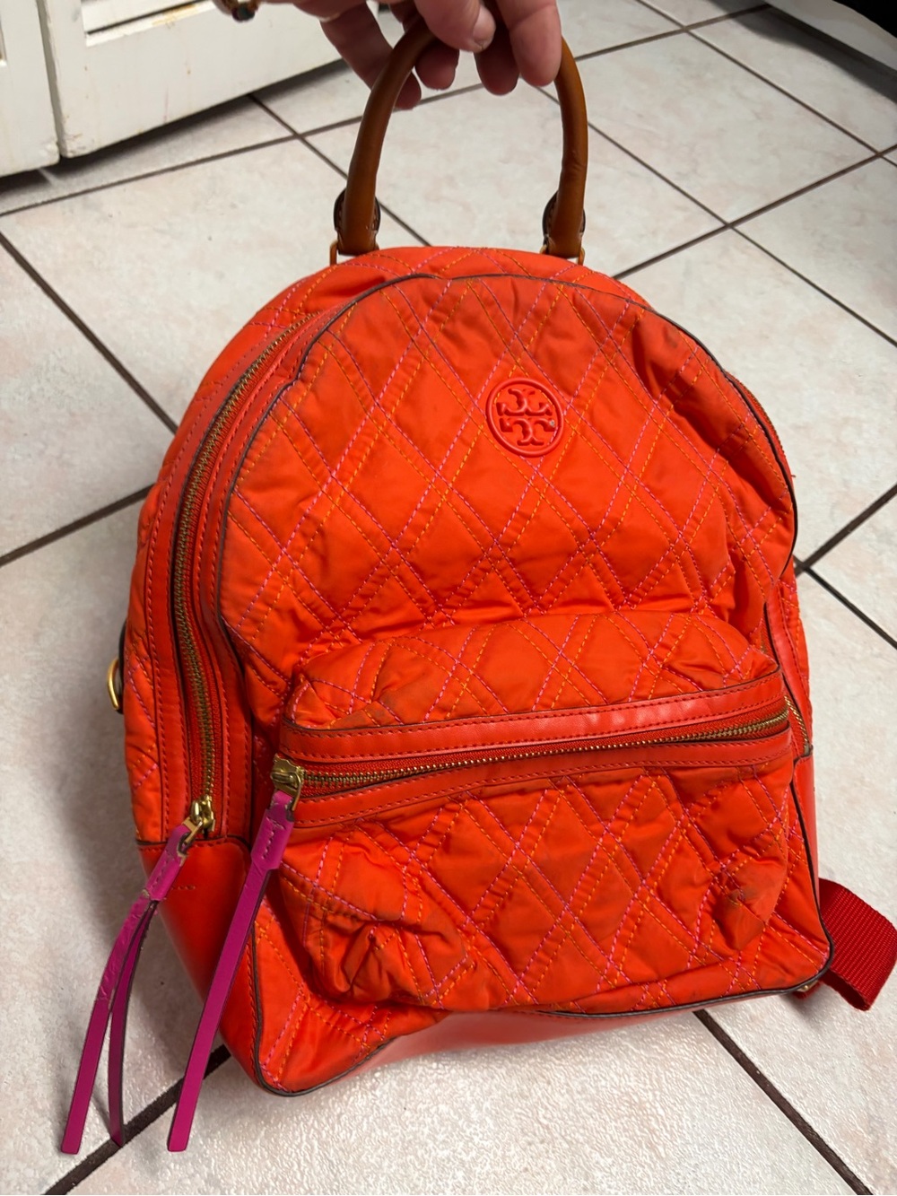 Tory Burch Orange Quilted Mini Backpack